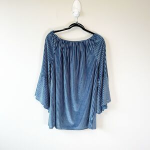 Lauren Hansen Women's Soft Velour Bell Sleeve Top Blouse Blue Semi Sheer Size XL